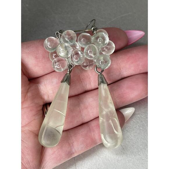 Large Acrylic Vintage Earrings Light Green Pierced Dangle Cluster Lightweight - Picture 2 of 3